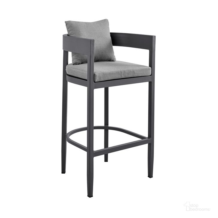 The appearance of Argiope Outdoor Patio Bar Stool In Aluminum with Gray Cushions designed by Armen Living in the modern / contemporary interior design. This dark gray piece of furniture  was selected by 1StopBedrooms from Argiope Collection to add a touch of cosiness and style into your home. Sku: 840254332973. Material: Aluminum. Product Type: Outdoor Bar Furniture. Image1
