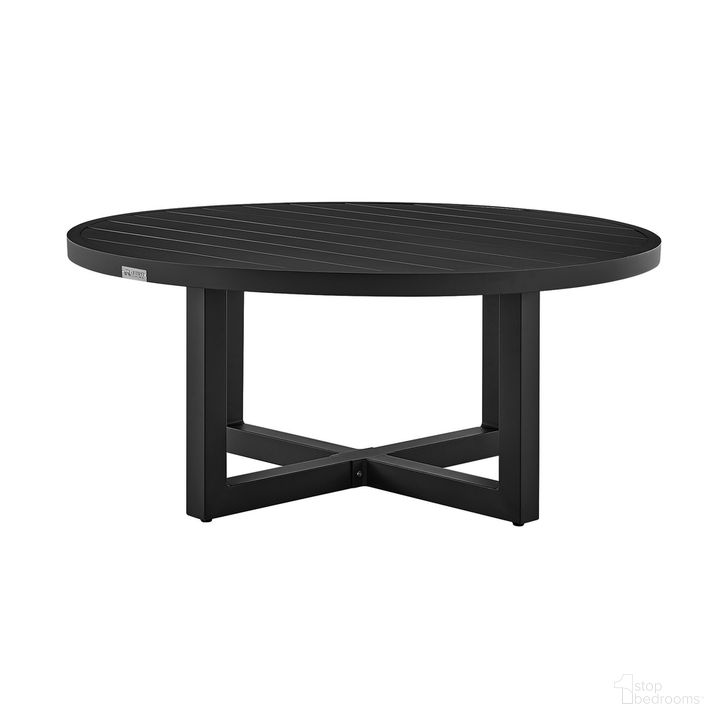 The appearance of Argiope Outdoor Patio Round Coffee Table In Black Aluminum designed by Armen Living in the modern / contemporary interior design. This black piece of furniture  was selected by 1StopBedrooms from Argiope Collection to add a touch of cosiness and style into your home. Sku: 840254332553. Material: Aluminum. Product Type: Outdoor Table. Image1