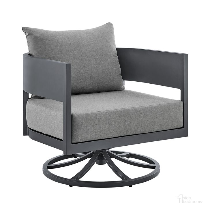 The appearance of Argiope Outdoor Patio Swivel Rocking Chair In Gray Aluminum with Cushions designed by Armen Living in the modern / contemporary interior design. This dark gray piece of furniture  was selected by 1StopBedrooms from Argiope Collection to add a touch of cosiness and style into your home. Sku: 840254332515. Material: Aluminum. Product Type: Outdoor Chair. Image1
