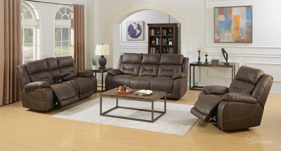 The appearance of Aria 3PC Living Room Set In Brown designed by Steve Silver in the  interior design. This brown piece of furniture  was selected by 1StopBedrooms from Aria Collection to add a touch of cosiness and style into your home. Sku: AA950SBN;AA950LBN;AA950CBN. Product Type: Living Room Set. Material: Plywood. Image1