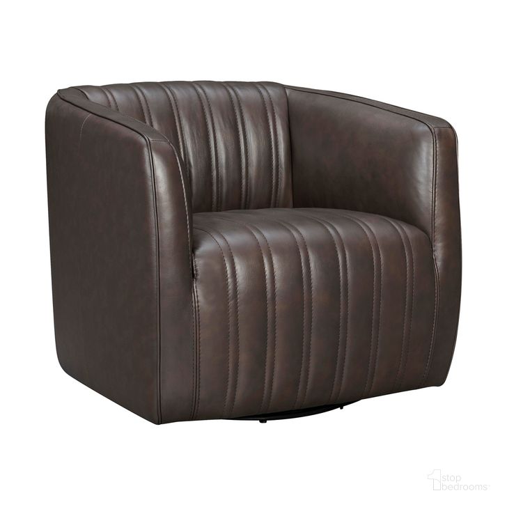 The appearance of Aries Espresso Genuine Leather Swivel Barrel Chair designed by Armen Living in the modern / contemporary interior design. This espresso piece of furniture  was selected by 1StopBedrooms from Aries Collection to add a touch of cosiness and style into your home. Sku: LCARCHES. Material: Wood. Product Type: Swivel Chair. Image1