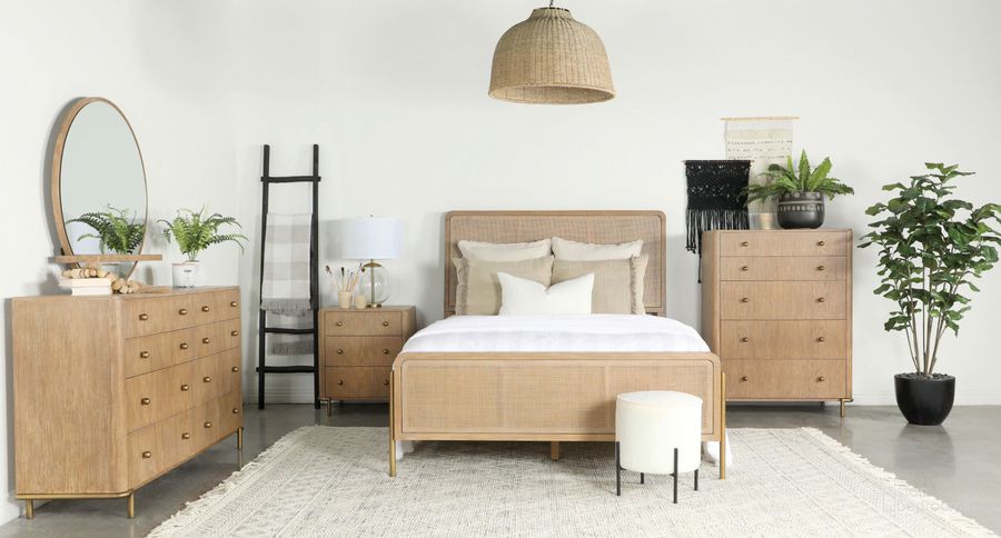 The appearance of Arini Sand Wash Upholstered Panel Bedroom Set designed by Coaster in the modern / contemporary interior design. This brown piece of furniture  was selected by 1StopBedrooms from Arini Collection to add a touch of cosiness and style into your home. Sku: 224300QB1;224300QB2;224300QB3;224302. Product Type: Bedroom Set. Bed Size: Queen. Material: Plywood. Image1