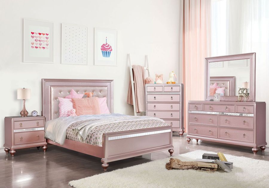 The appearance of Ariston Rose Gold Youth Upholstered Panel Bedroom Set designed by Furniture of America in the modern / contemporary interior design. This pink piece of furniture  was selected by 1StopBedrooms from Ariston Collection to add a touch of cosiness and style into your home. Sku: CM7170RG-T-HB;CM7170RG-T-FB;CM7170RG-T-R;CM7170RG-N. Material: Wood. Product Type: Bedroom Set. Bed Size: Twin. Image1