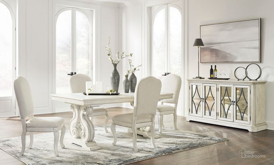 The appearance of Arlendyne Antique White Extendable Dining Room Set designed by Signature Design by Ashley in the traditional interior design. This white piece of furniture  was selected by 1StopBedrooms from Arlendyne Collection to add a touch of cosiness and style into your home. Sku: D980-55B;D980-55T;D980-01. Material: Wood. Product Type: Dining Room Set. Image1