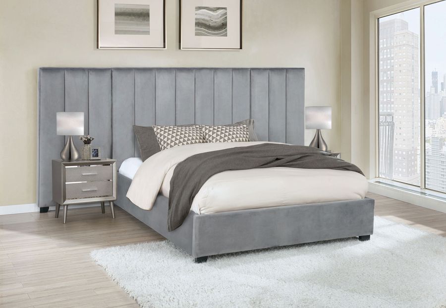 The appearance of Arles Grey Upholstered Wall Panel Bedroom Set designed by Coaster in the glam interior design. This gray piece of furniture  was selected by 1StopBedrooms from Arles Collection to add a touch of cosiness and style into your home. Sku: 306070QB1;306070QB2;306071P;222702. Material: Upholstered. Product Type: Bedroom Set. Bed Size: Queen. Image1