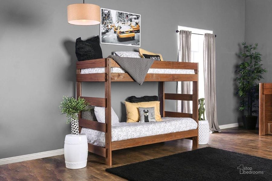 The appearance of Arlette Twin Over Twin Bunk Bed With 2 Slat Kits In Mahogany designed by Furniture of America in the rustic / southwestern interior design. This mahogany piece of furniture  was selected by 1StopBedrooms from Arlette Collection to add a touch of cosiness and style into your home. Sku: AM-BK100-1;AM-BK100-2;AM-BK100-3;AM-SL109-T. Bed Type: Bunk Bed. Material: Wood. Product Type: Bunk Bed. Bed Size: Twin Over Twin.