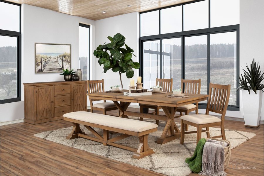 The appearance of Arlo Natural Extendable Dining Room Set designed by Alpine in the transitional interior design. This brown piece of furniture  was selected by 1StopBedrooms from Arlo Collection to add a touch of cosiness and style into your home. Sku: 4202-01;4202-02. Product Type: Dining Room Set. Material: Solid Pine. Image1