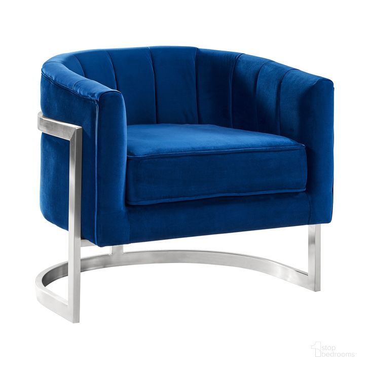 The appearance of Kamila Contemporary Accent Chair In Blue Velvet and Brushed Stainless Steel Finish designed by Armen Living in the glam interior design. This blue piece of furniture  was selected by 1StopBedrooms from Kamila Collection to add a touch of cosiness and style into your home. Sku: LCKMCHBLUE. Product Type: Accent Chair. Material: Stainless Steel. Image1