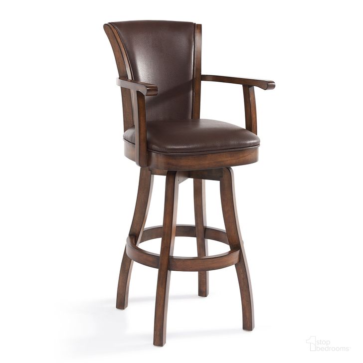The appearance of Raleigh 26 Inch Counter Height Swivel Kahlua Faux Leather and Chestnut Wood Arm Bar Stool designed by Armen Living in the modern / contemporary interior design. This chestnut piece of furniture  was selected by 1StopBedrooms from Raleigh Arm Collection to add a touch of cosiness and style into your home. Sku: LCRABAARKACH26. Material: Wood. Product Type: Barstool. Image1