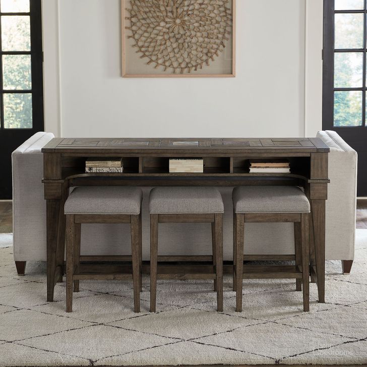 The appearance of Arrowcreek Weathered Stone Console Bar Table Set designed by Liberty in the rustic / southwestern interior design. This brown piece of furniture  was selected by 1StopBedrooms from Arrowcreek Collection to add a touch of cosiness and style into your home. Sku: 226-OT6537;226-OT9001. Product Type: Bar Set. Material: Solid Pine. Image1