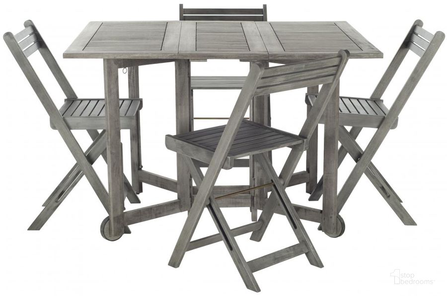 The appearance of Arvin Gray Wash 5-Piece Dining Set designed by Safavieh in the transitional interior design. This grey piece of furniture  was selected by 1StopBedrooms from Arvin Collection to add a touch of cosiness and style into your home. Sku: PAT7001B. Material: Steel. Product Type: Outdoor Conversation Set. Image1