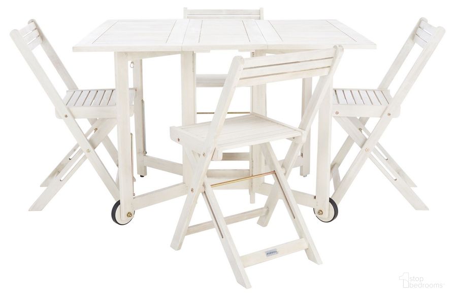 The appearance of Arvin Table and Chair Set in White designed by Safavieh in the modern / contemporary interior design. This white piece of furniture  was selected by 1StopBedrooms from Arvin Collection to add a touch of cosiness and style into your home. Sku: PAT7001D. Material: Wood. Product Type: Outdoor Set. Image1