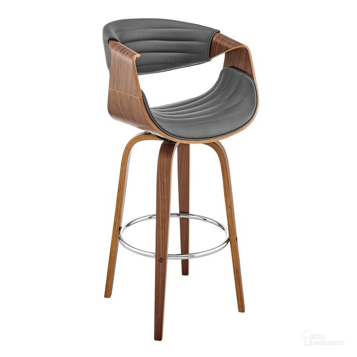 The appearance of Arya 30 Inch Swivel Bar Stool In Gray Faux Leather and Walnut Wood designed by Armen Living in the transitional interior design. This walnut piece of furniture  was selected by 1StopBedrooms from Arya Collection to add a touch of cosiness and style into your home. Sku: LCAYBAWAGR30. Material: Wood. Product Type: Barstool. Image1