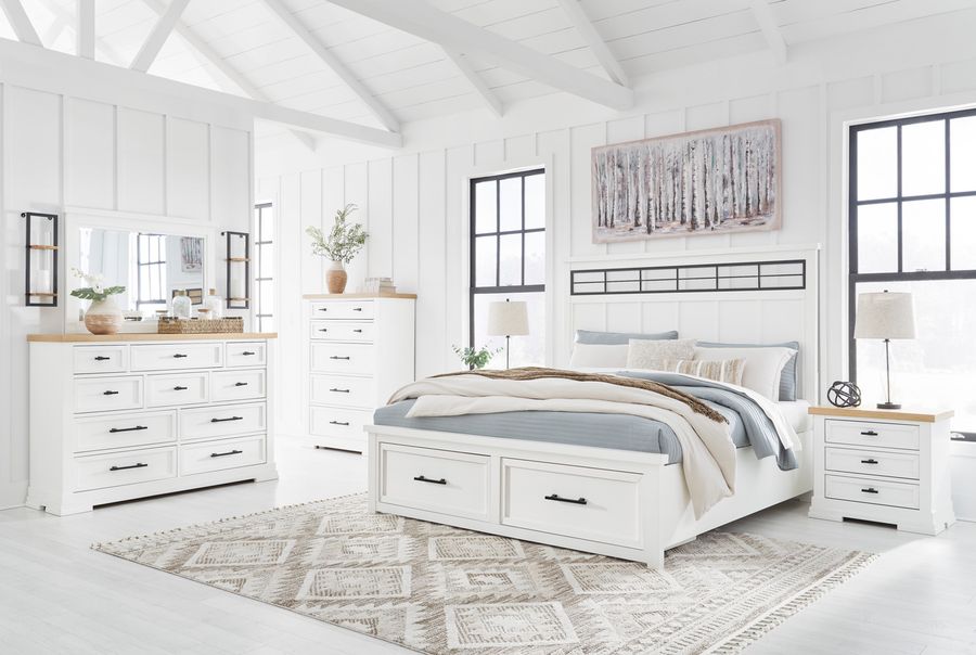 The appearance of Ashbryn White And Natural Panel Storage Bedroom Set designed by Signature Design by Ashley in the transitional interior design. This white/natural piece of furniture  was selected by 1StopBedrooms from Ashbryn Collection to add a touch of cosiness and style into your home. Sku: B844-57;B844-54S;B844-97;B844-93. Material: Wood. Product Type: Bedroom Set. Bed Size: Queen. Image1