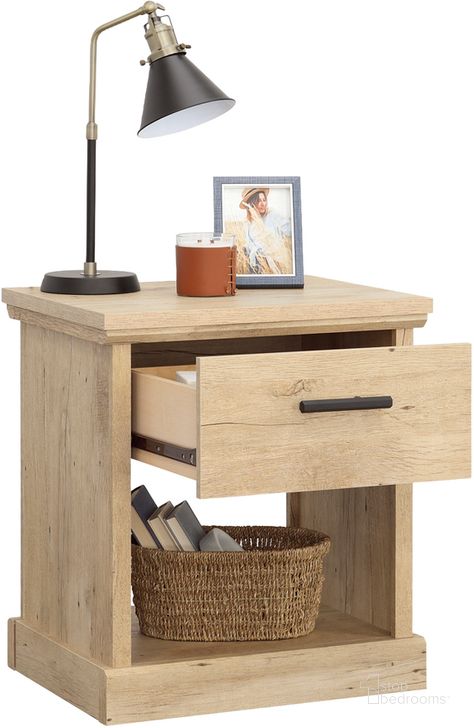 The appearance of Aspen Post Night Stand In Prime Oak designed by Sauder in the country / farmhouse interior design. This prime oak piece of furniture  was selected by 1StopBedrooms from Aspen Post Collection to add a touch of cosiness and style into your home. Sku: 433957. Product Type: Nightstand. Image1
