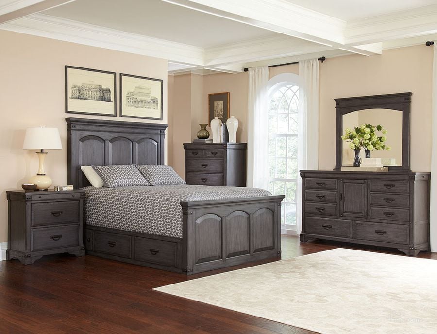 The appearance of Aspen Village Brushed Gray Mahogany Panel Storage Bedroom Set designed by Avalon Furniture in the transitional interior design. This gray piece of furniture  was selected by 1StopBedrooms from Aspen Village Collection to add a touch of cosiness and style into your home. Sku: B09862 5H;B09862 5SF;B09862 56LSR;B09862 5RSR;B09862 N. Material: Wood. Product Type: Bedroom Set. Bed Size: Queen. Image1