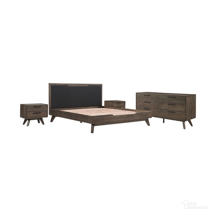 The appearance of Astoria 4-Piece King Bedroom Set In Oak with Black Faux Leather designed by Armen Living in the transitional interior design. This dark brown piece of furniture  was selected by 1StopBedrooms from Astoria Collection to add a touch of cosiness and style into your home. Sku: LCAHBDDGKGBX1;LCAHBDDGKGBX2;LCAHLADG;LCAHLADG;LCAHDRDG. Material: Wood. Product Type: Bedroom Set. Bed Size: King. Image1