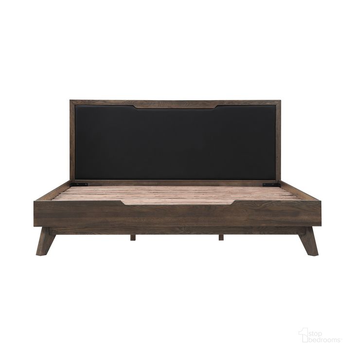 The appearance of Astoria King Platform Bed Frame In Oak with Black Faux Leather designed by Armen Living in the transitional interior design. This dark brown piece of furniture  was selected by 1StopBedrooms from Astoria Collection to add a touch of cosiness and style into your home. Sku: LCAHBDDGKGBX1;LCAHBDDGKGBX2. Bed Type: Platform Bed. Material: Wood. Product Type: Platform Bed. Bed Size: King. Image1