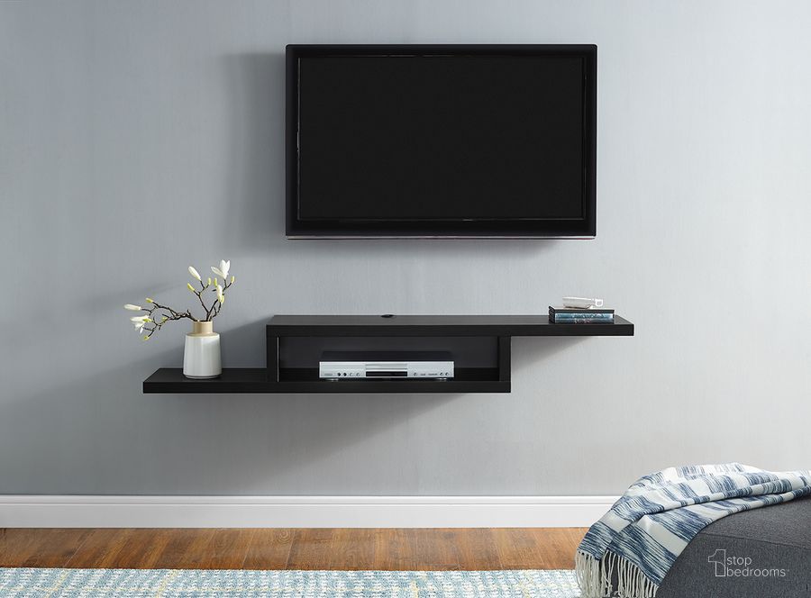 The appearance of Asymmetrical Wall Mounted 60 Inch TV Console Entertainment Center In Black designed by Martin Furniture in the modern / contemporary interior design. This black piece of furniture  was selected by 1StopBedrooms from Wallmounts Collection to add a touch of cosiness and style into your home. Sku: IMAS360BK. Product Type: TV Console. Material: Laminate. Image1