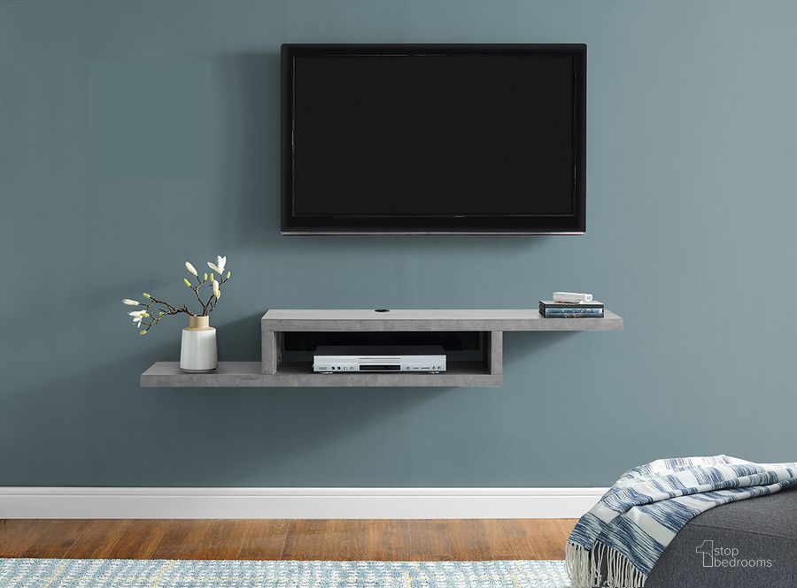 The appearance of Asymmetrical Wall Mounted 60 Inch TV Console Entertainment Center In Stone Gray designed by Martin Furniture in the modern / contemporary interior design. This stone grey piece of furniture  was selected by 1StopBedrooms from Wallmounts Collection to add a touch of cosiness and style into your home. Sku: IMAS360CT. Product Type: TV Console. Material: Laminate. Image1
