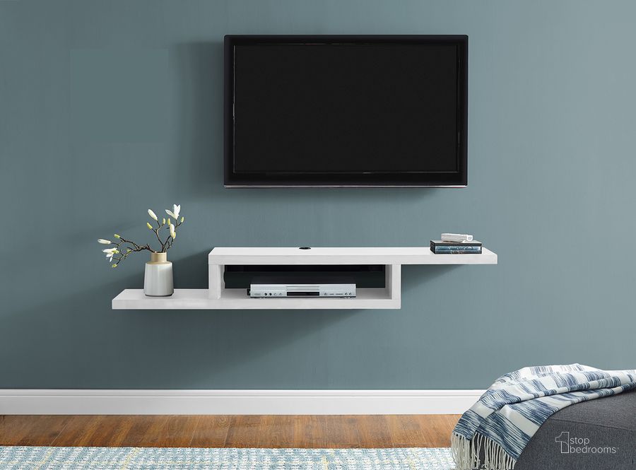 The appearance of Asymmetrical Wall Mounted 60 Inch TV Console Entertainment Center In White designed by Martin Furniture in the modern / contemporary interior design. This white piece of furniture  was selected by 1StopBedrooms from Wallmounts Collection to add a touch of cosiness and style into your home. Sku: IMAS360W. Product Type: TV Console. Material: Laminate. Image1