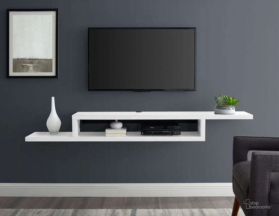 The appearance of Asymmetrical Wall Mounted 72 Inch TV Console Entertainment Center In White designed by Martin Furniture in the modern / contemporary interior design. This white piece of furniture  was selected by 1StopBedrooms from Wallmounts Collection to add a touch of cosiness and style into your home. Sku: IMAS370W. Product Type: TV Console. Material: Laminate. Image1
