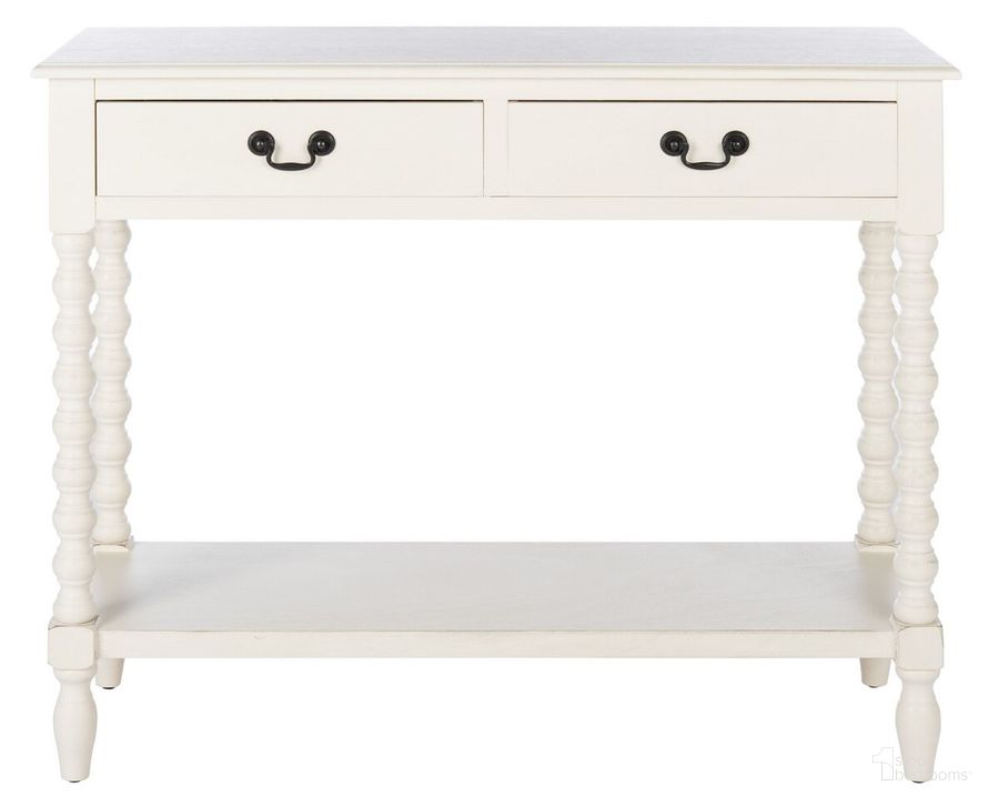 The appearance of Athena 2 Drawer Console Table in Distressed White designed by Safavieh in the modern / contemporary interior design. This distressed white piece of furniture  was selected by 1StopBedrooms from Athena Collection to add a touch of cosiness and style into your home. Sku: CNS5702A. Material: Wood. Product Type: Console Table. Image1