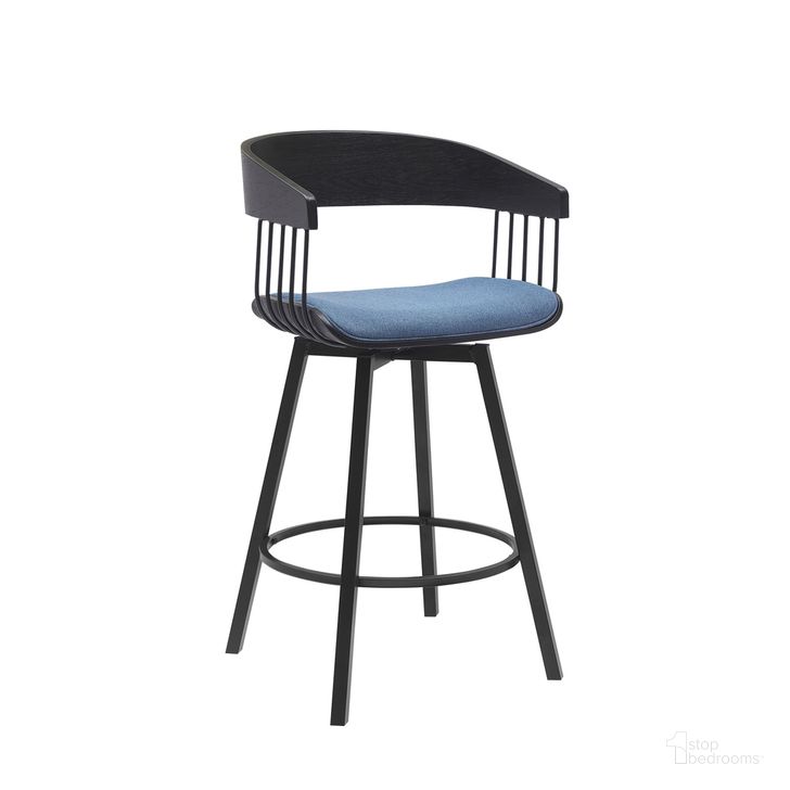 The appearance of Athena 27 Inch Swivel Black Wood Counter Stool In Blue Fabric with Black Metal designed by Armen Living in the modern / contemporary interior design. This blue piece of furniture  was selected by 1StopBedrooms from Athena Collection to add a touch of cosiness and style into your home. Sku: LCATBABLKBLU26. Material: Wood. Product Type: Barstool. Image1