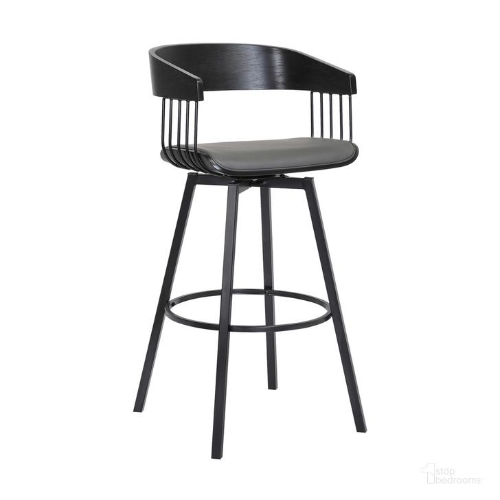 The appearance of Athena 27 Inch Swivel Black Wood Counter Stool In Gray Faux Leather with Black Metal designed by Armen Living in the modern / contemporary interior design. This black and gray piece of furniture  was selected by 1StopBedrooms from Athena Collection to add a touch of cosiness and style into your home. Sku: LCATBABLKGRY26. Material: Faux Leather. Product Type: Barstool. Image1