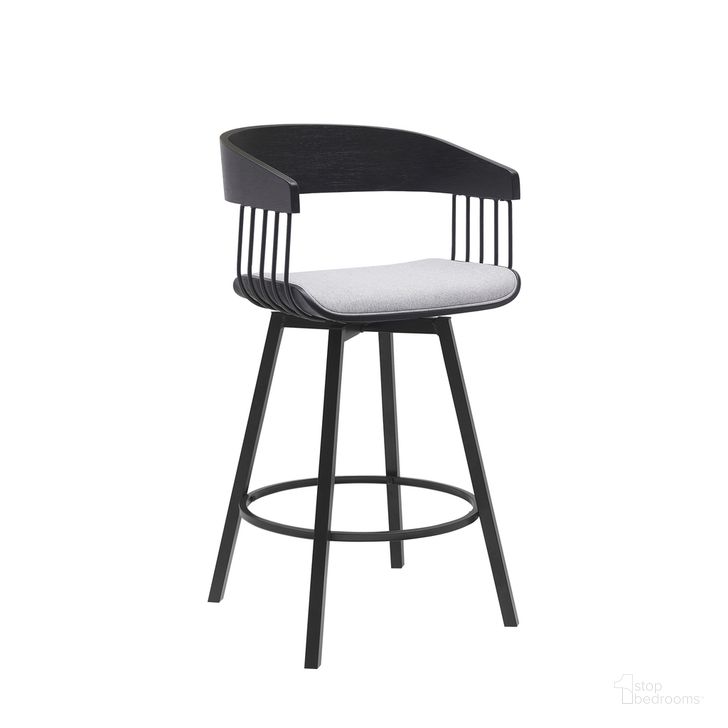 The appearance of Athena 27 Inch Swivel Black Wood Counter Stool In Light Gray Fabric with Black Metal designed by Armen Living in the modern / contemporary interior design. This light gray piece of furniture  was selected by 1StopBedrooms from Athena Collection to add a touch of cosiness and style into your home. Sku: LCATBABLKLTGR26. Material: Wood. Product Type: Barstool. Image1