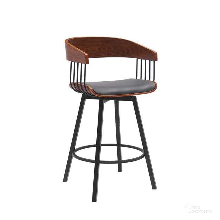 The appearance of Athena 27 Inch Swivel Walnut Wood Counter Stool In Gray Faux Leather with Black Metal designed by Armen Living in the modern / contemporary interior design. This gray piece of furniture  was selected by 1StopBedrooms from Athena Collection to add a touch of cosiness and style into your home. Sku: LCATBAWAGRY26. Material: Faux Leather. Product Type: Barstool. Image1
