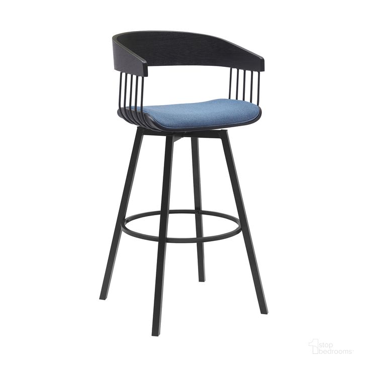 The appearance of Athena 31 Inch Swivel Black Wood Bar Stool In Blue Fabric with Black Metal designed by Armen Living in the modern / contemporary interior design. This blue piece of furniture  was selected by 1StopBedrooms from Athena Collection to add a touch of cosiness and style into your home. Sku: LCATBABLKBLU30. Material: Wood. Product Type: Barstool. Image1