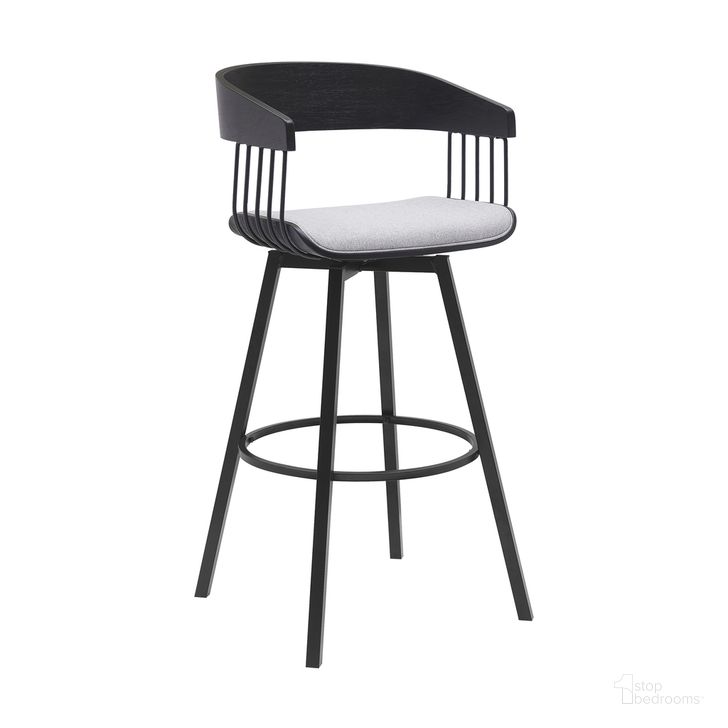 The appearance of Athena 31 Inch Swivel Black Wood Bar Stool In Light Gray Fabric with Black Metal designed by Armen Living in the modern / contemporary interior design. This light gray piece of furniture  was selected by 1StopBedrooms from Athena Collection to add a touch of cosiness and style into your home. Sku: LCATBABLKLTGR30. Material: Wood. Product Type: Barstool. Image1