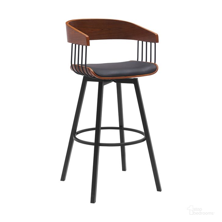 The appearance of Athena 31 Inch Swivel Walnut Wood Bar Stool In Black Faux Leather with Black Metal designed by Armen Living in the modern / contemporary interior design. This black piece of furniture  was selected by 1StopBedrooms from Athena Collection to add a touch of cosiness and style into your home. Sku: LCATBAWABLK30. Material: Faux Leather. Product Type: Barstool. Image1