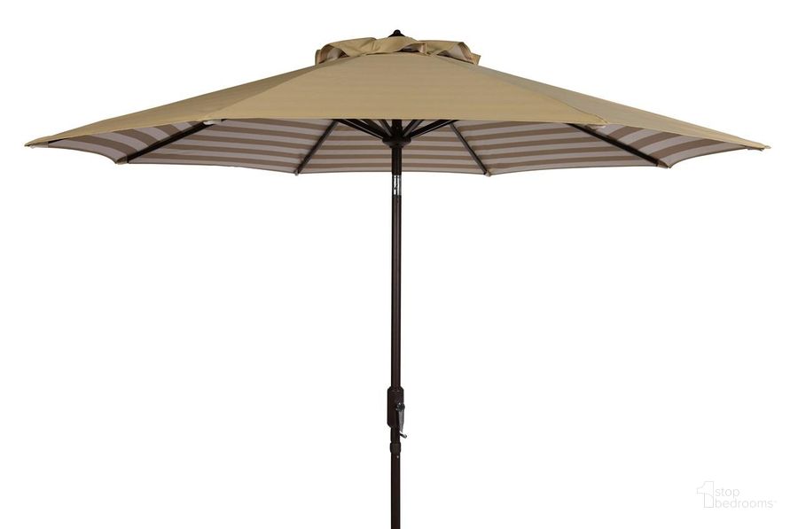 The appearance of Athens Beige and White Out Striped 9 Crank Outdoor Auto Tilt Umbrella designed by Safavieh in the modern / contemporary interior design. This white beige piece of furniture  was selected by 1StopBedrooms from Athens Collection to add a touch of cosiness and style into your home. Sku: PAT8007B. Material: Aluminum. Product Type: Umbrella. Image1