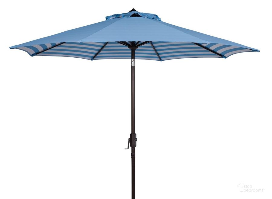 The appearance of Athens Blue and White Inside Out Striped 9 Crank Outdoor Auto Tilt Umbrella designed by Safavieh in the modern / contemporary interior design. This blue and white piece of furniture  was selected by 1StopBedrooms from Athens Collection to add a touch of cosiness and style into your home. Sku: PAT8007C. Material: Aluminum. Product Type: Umbrella. Image1