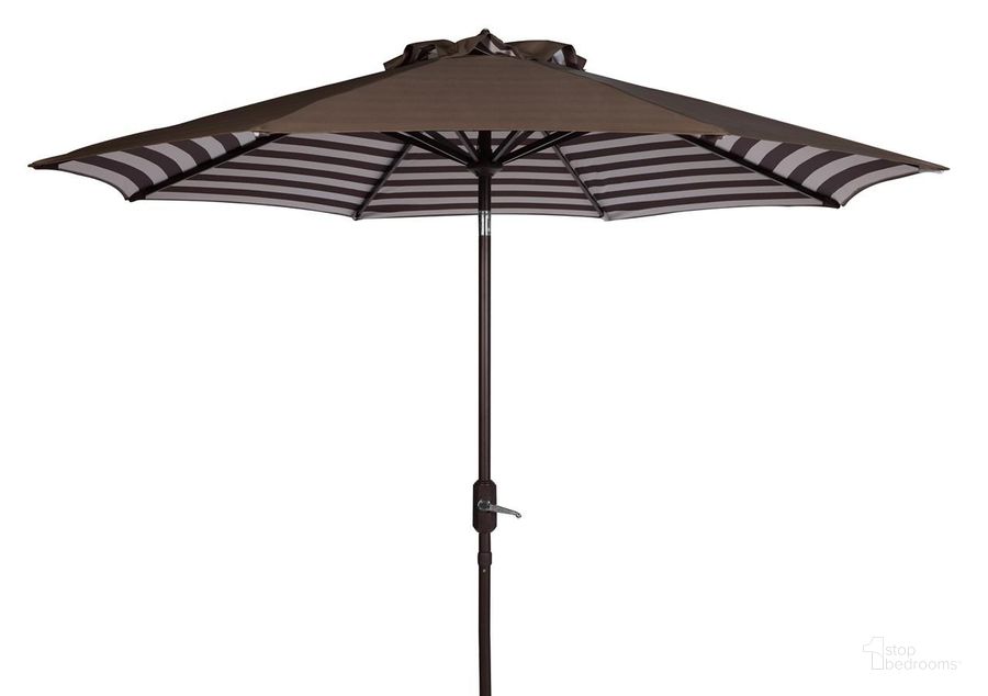 The appearance of Athens Grey and White Inside Out Striped 9 Crank Outdoor Auto Tilt Umbrella designed by Safavieh in the modern / contemporary interior design. This brown white piece of furniture  was selected by 1StopBedrooms from Athens Collection to add a touch of cosiness and style into your home. Sku: PAT8007D. Material: Aluminum. Product Type: Umbrella. Image1