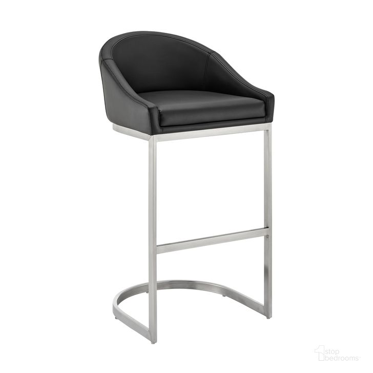 The appearance of Atherik Bar Stool In Brushed Stainless Steel with Black Faux Leather designed by Armen Living in the modern / contemporary interior design. This black piece of furniture  was selected by 1StopBedrooms from Atherik Collection to add a touch of cosiness and style into your home. Sku: 840254335813. Material: Faux Leather. Product Type: Barstool. Image1