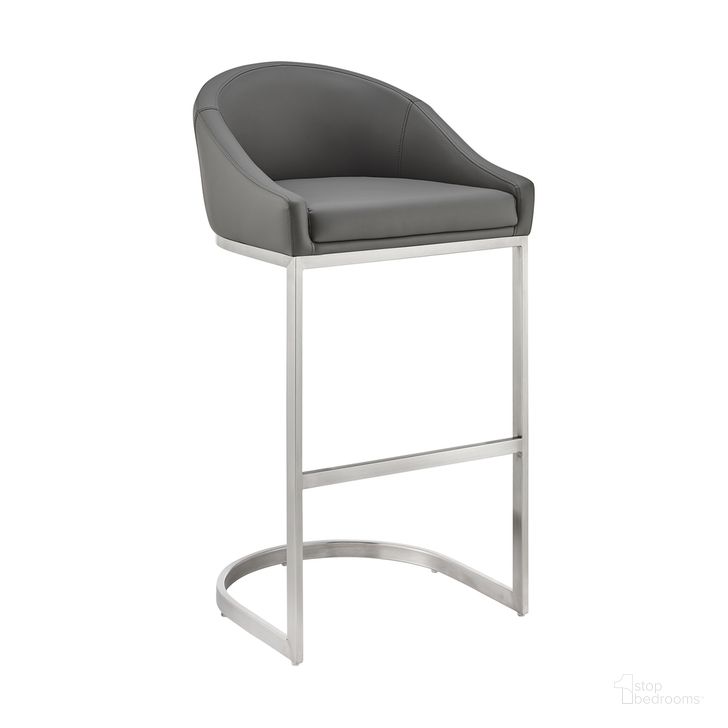 The appearance of Atherik Bar Stool In Brushed Stainless Steel with Gray Faux Leather designed by Armen Living in the modern / contemporary interior design. This gray piece of furniture  was selected by 1StopBedrooms from Atherik Collection to add a touch of cosiness and style into your home. Sku: 840254335806. Material: Faux Leather. Product Type: Barstool. Image1