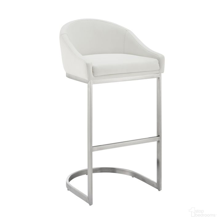 The appearance of Atherik Bar Stool In Brushed Stainless Steel with White Faux Leather designed by Armen Living in the modern / contemporary interior design. This white piece of furniture  was selected by 1StopBedrooms from Atherik Collection to add a touch of cosiness and style into your home. Sku: 840254335790. Material: Faux Leather. Product Type: Barstool. Image1