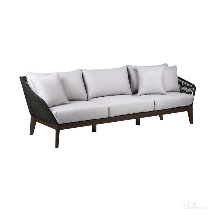 The appearance of Athos Indoor Outdoor 3 Seater Sofa In Dark Eucalyptus Wood with Charcoal Rope and Gray Cushions designed by Armen Living in the modern / contemporary interior design. This gray piece of furniture  was selected by 1StopBedrooms from Athos Collection to add a touch of cosiness and style into your home. Sku: LCATSOWDDK. Product Type: Outdoor Sofa. Material: Rope. Image1