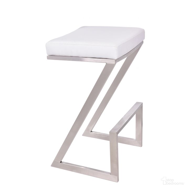 The appearance of Atlantis 26 Inch Counter Height Backless White Faux Leather and Brushed Stainless Steel Bar Stool designed by Armen Living in the modern / contemporary interior design. This white piece of furniture  was selected by 1StopBedrooms from Atlantis Collection to add a touch of cosiness and style into your home. Sku: LCAT26BAWH. Product Type: Barstool. Material: Stainless Steel. Image1