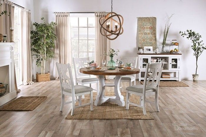 The appearance of Auletta Distressed White And Oak Round Dining Room Set designed by Furniture of America in the rustic / southwestern interior design. This white and brown piece of furniture  was selected by 1StopBedrooms from Auletta Collection to add a touch of cosiness and style into your home. Sku: CM3417RT;CM3417SC-2PK. Material: Wood. Product Type: Dining Room Set. Image1