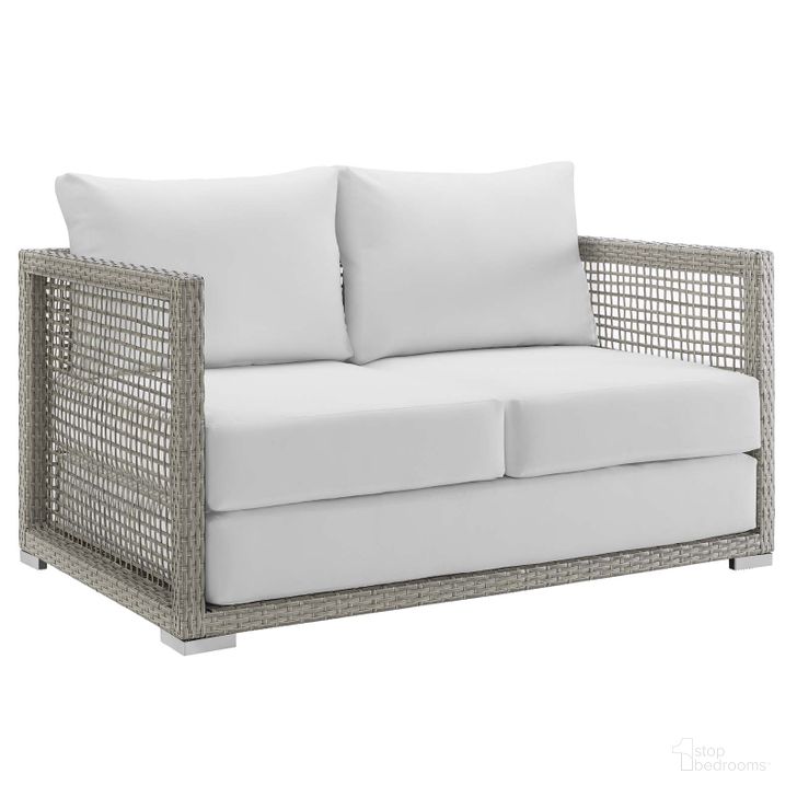 The appearance of Aura Gray and White Outdoor Patio Wicker Rattan Loveseat designed by Modway in the modern / contemporary interior design. This gray and white piece of furniture  was selected by 1StopBedrooms from Aura Collection to add a touch of cosiness and style into your home. Sku: EEI-2924-GRY-WHI. Material: Rattan. Product Type: Outdoor Sofa & Loveseat. Image1