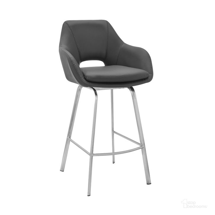 The appearance of Aura Gray Faux Leather and Brushed Stainless Steel Swivel 30 Inch Bar Stool designed by Armen Living in the modern / contemporary interior design. This gray piece of furniture  was selected by 1StopBedrooms from Aura Collection to add a touch of cosiness and style into your home. Sku: LCAUBABSGR30. Material: Steel. Product Type: Barstool. Image1