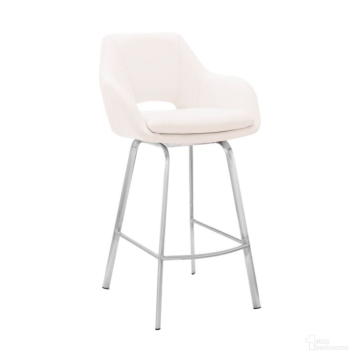 The appearance of Aura White Faux Leather and Brushed Stainless Steel Swivel 26 Inch Counter Stool designed by Armen Living in the modern / contemporary interior design. This white piece of furniture  was selected by 1StopBedrooms from Aura Collection to add a touch of cosiness and style into your home. Sku: LCAUBABSWH26. Material: Steel. Product Type: Barstool. Image1
