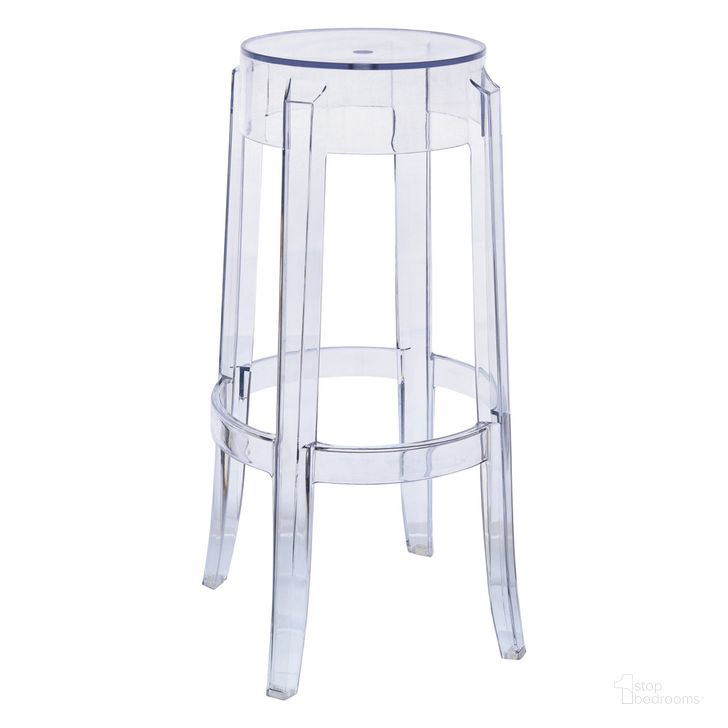 The appearance of Averill Plastic Barstool In Clear designed by LeisureMod in the modern / contemporary interior design. This clear piece of furniture  was selected by 1StopBedrooms from Averill Collection to add a touch of cosiness and style into your home. Sku: AS29CL. Product Type: Barstool. Material: Plastic. Image1
