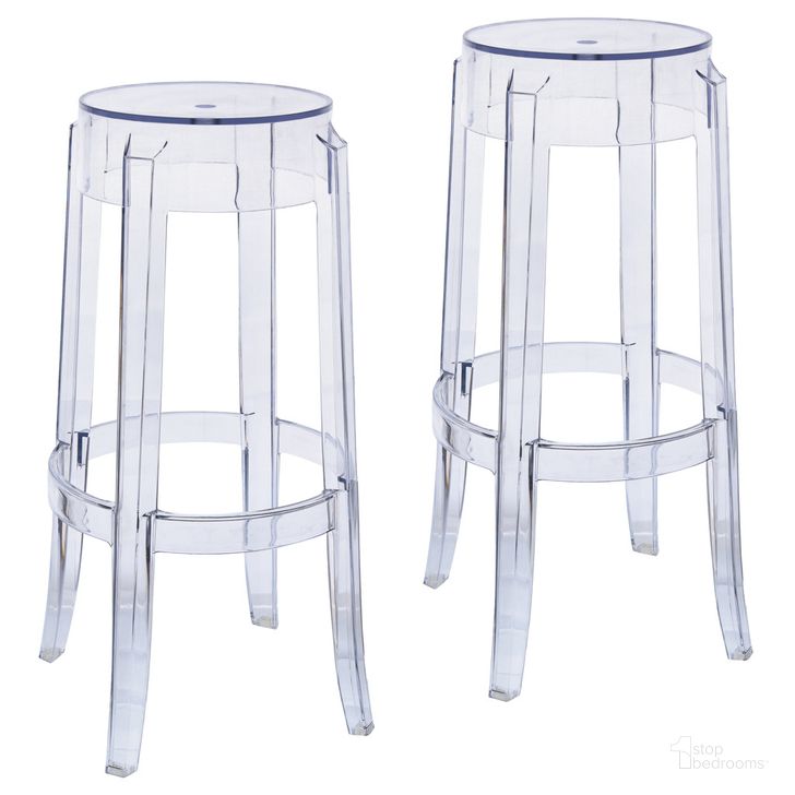 The appearance of Averill Plastic Barstool Set of 2 In Clear designed by LeisureMod in the modern / contemporary interior design. This clear piece of furniture  was selected by 1StopBedrooms from Averill Collection to add a touch of cosiness and style into your home. Sku: AS29CL2. Product Type: Barstool. Material: Plastic. Image1