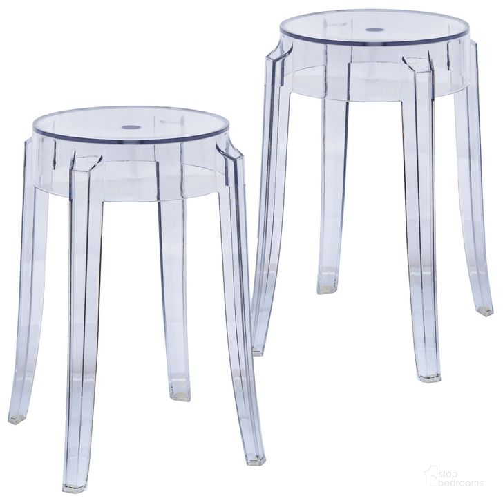 The appearance of Averill Plastic Dining Stool Set of 2 In Clear designed by LeisureMod in the modern / contemporary interior design. This clear piece of furniture  was selected by 1StopBedrooms from Averill Collection to add a touch of cosiness and style into your home. Sku: AS18CL2. Product Type: Stool. Material: Plastic. Image1