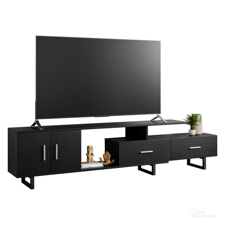 The appearance of Avery TV Stand with MDF Cabinet and Powder Coated Steel Legs In Ebony designed by LeisureMod in the transitional interior design. This ebony piece of furniture  was selected by 1StopBedrooms from Avery Collection to add a touch of cosiness and style into your home. Sku: ATS69BL. Product Type: TV Stand. Material: MDF. Image1